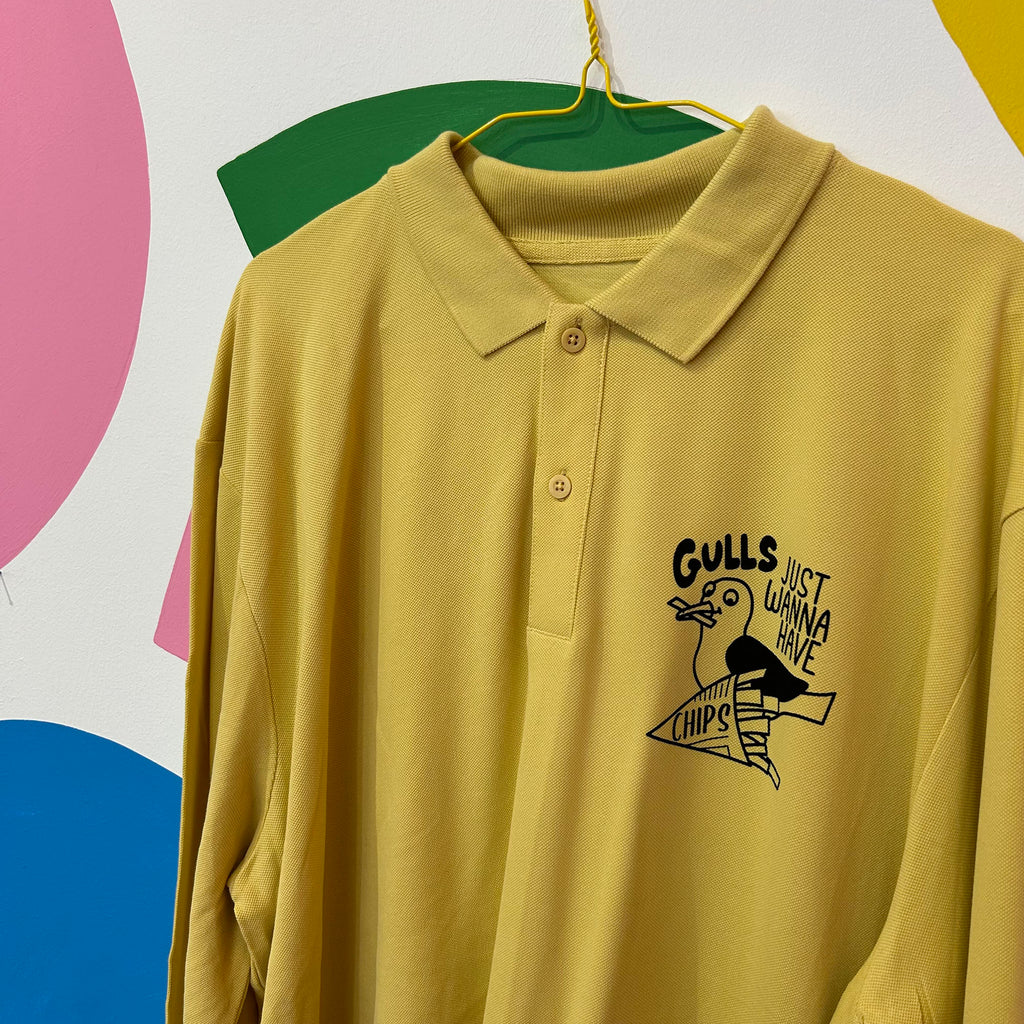 Size 3XL - Gulls Just Wanna Have Chips Long Sleeve Polo Shirt