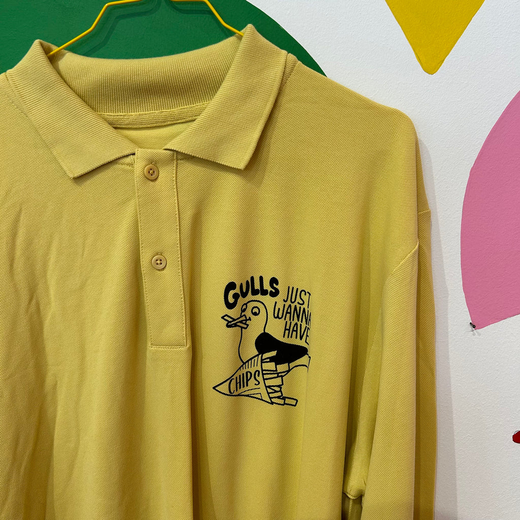 Size XXL - Gulls Just Wanna Have Chips Long Sleeve Polo Shirt