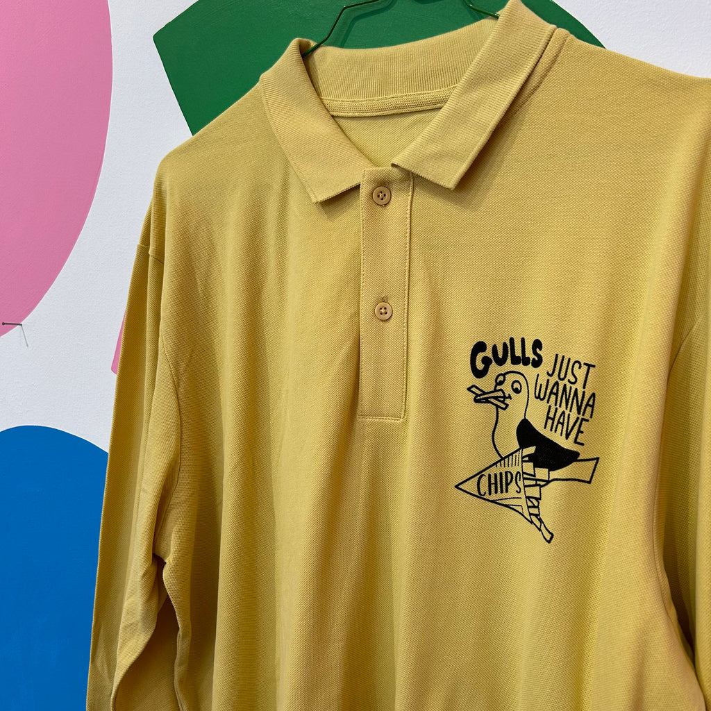 Size XL - Gulls Just Wanna Have Chips Long Sleeve Polo Shirt