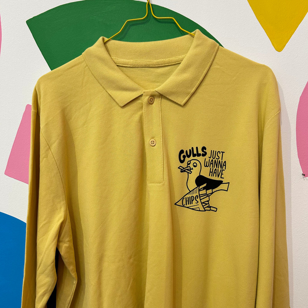 Size L - Gulls Just Wanna Have Chips Long Sleeve Polo Shirt