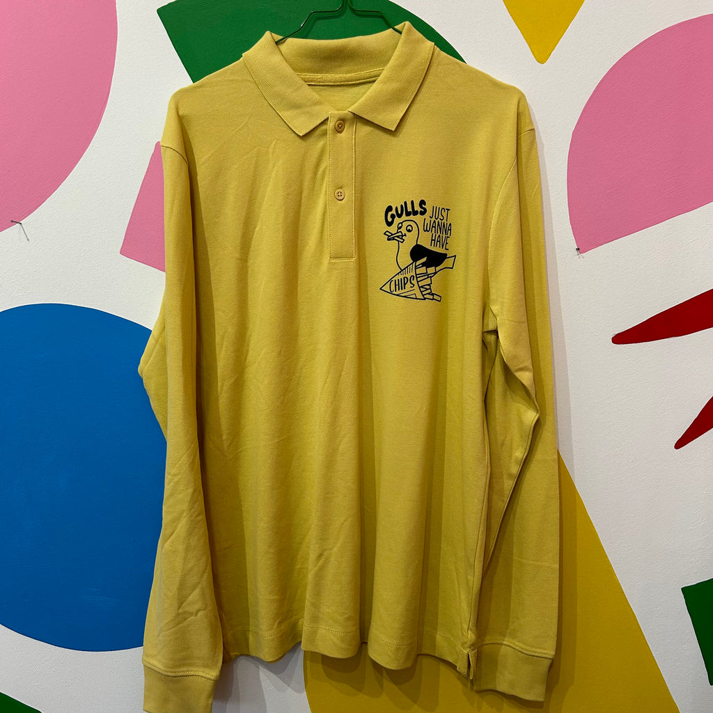 Size M - Gulls Just Wanna Have Chips Long Sleeve Polo Shirt