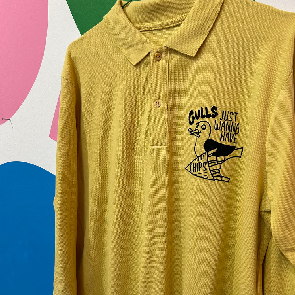 Size M - Gulls Just Wanna Have Chips Long Sleeve Polo Shirt