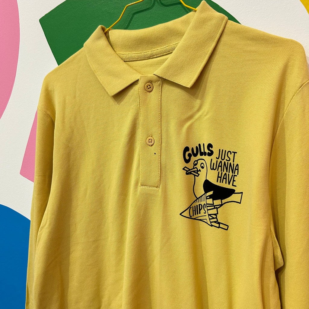 Size S - Gulls Just Wanna Have Chips Long Sleeve Polo Shirt