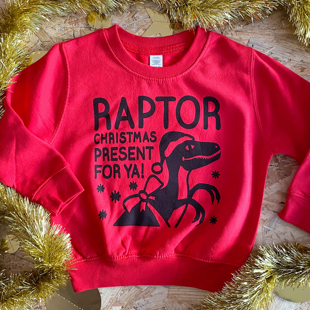 ‘Raptor Christmas Present For Ya’ Kid’s Christmas Sweatshirt