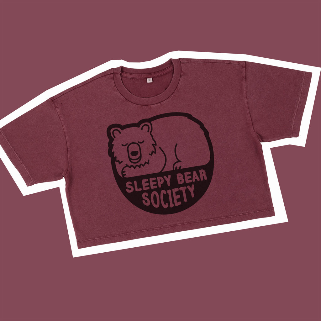 Sleepy Bear Cropped T-shirt handprinted in burgundy