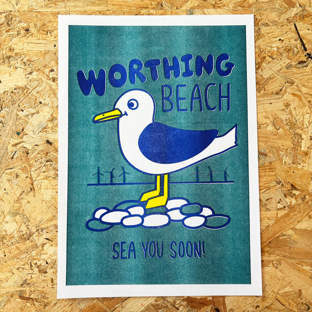 Worthing Beach Risograph Print by hello DODO for GULLIBLE