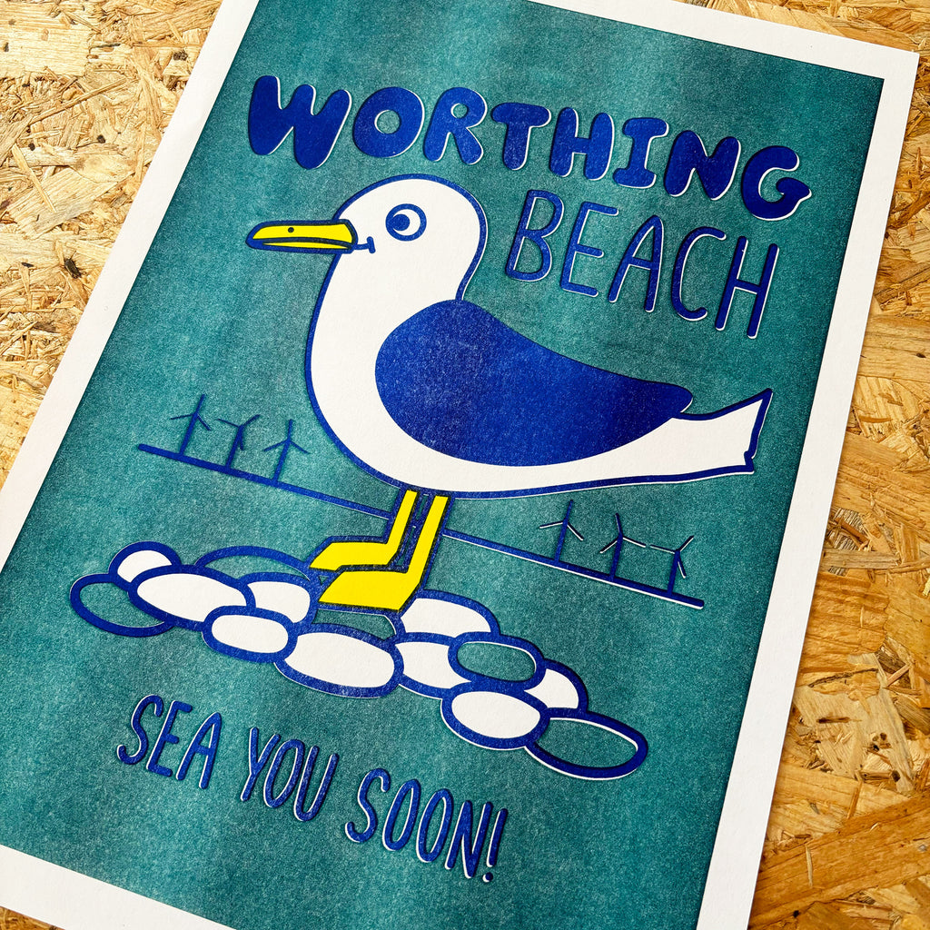 Worthing Beach Risograph Print by hello DODO for GULLIBLE